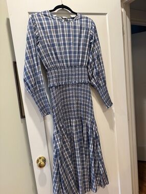 Something Navy Blue and White Plaid Long-Sleeve Smocked Midi Dress